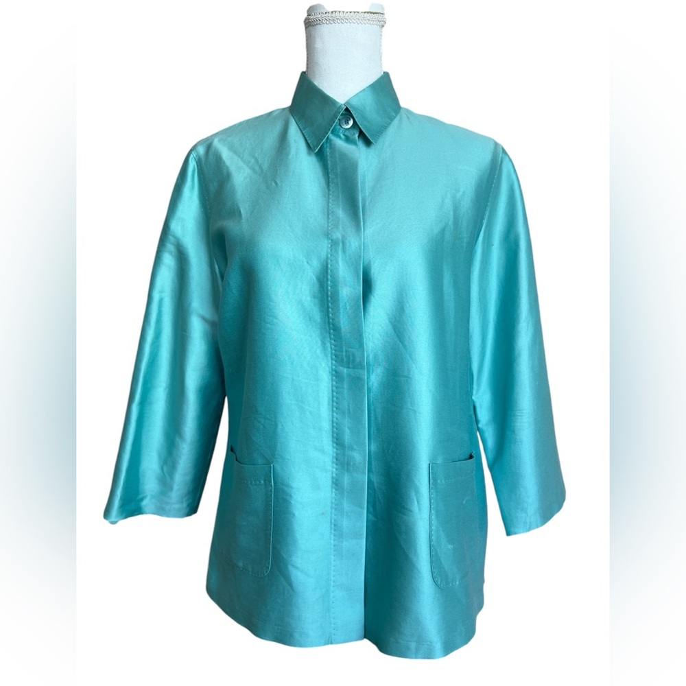 Max Mara Shirt Blouse Women’s Size 8‎ Green Button Down Cotton Silk Vintage